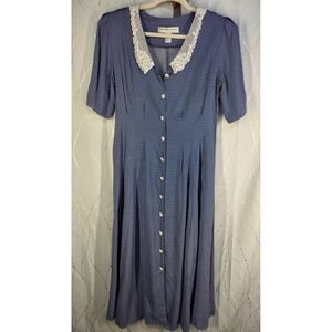 VTG 90s Maggie Lawrence Dress 10 Maxi Button Front Prairie Cottagecore Birdseye